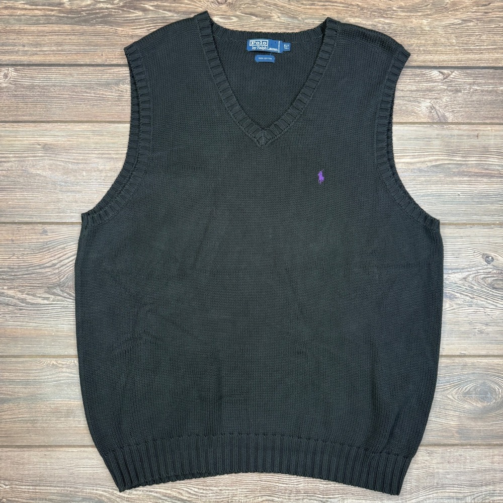 Polo Ralph Lauren Mens Size XLT Sweater Vest Black Cotton V-Neck Purple Pony